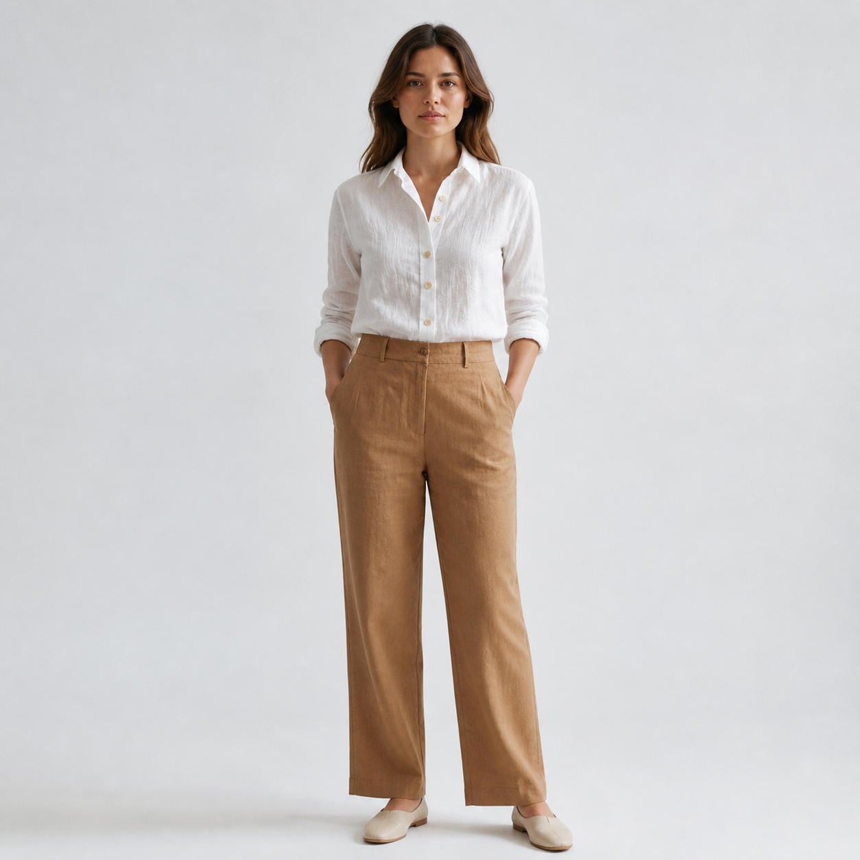 Klassische langärmelige Leinen-Hemdbluse mit Knopfleiste