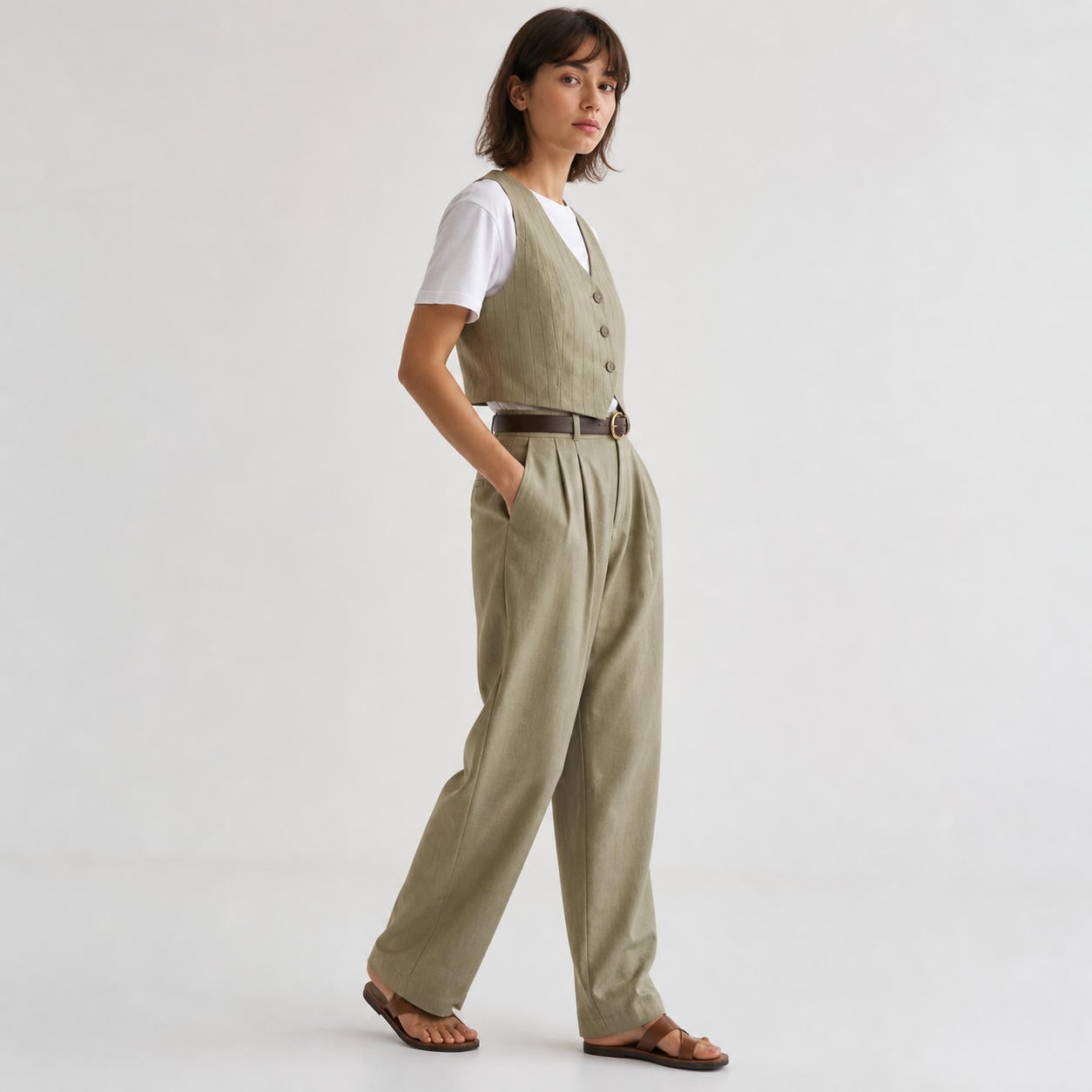 Klassisches Leinen-Set aus geknöpfter Weste mit V-Ausschnitt und Bundfaltenhose – Ansicht 3