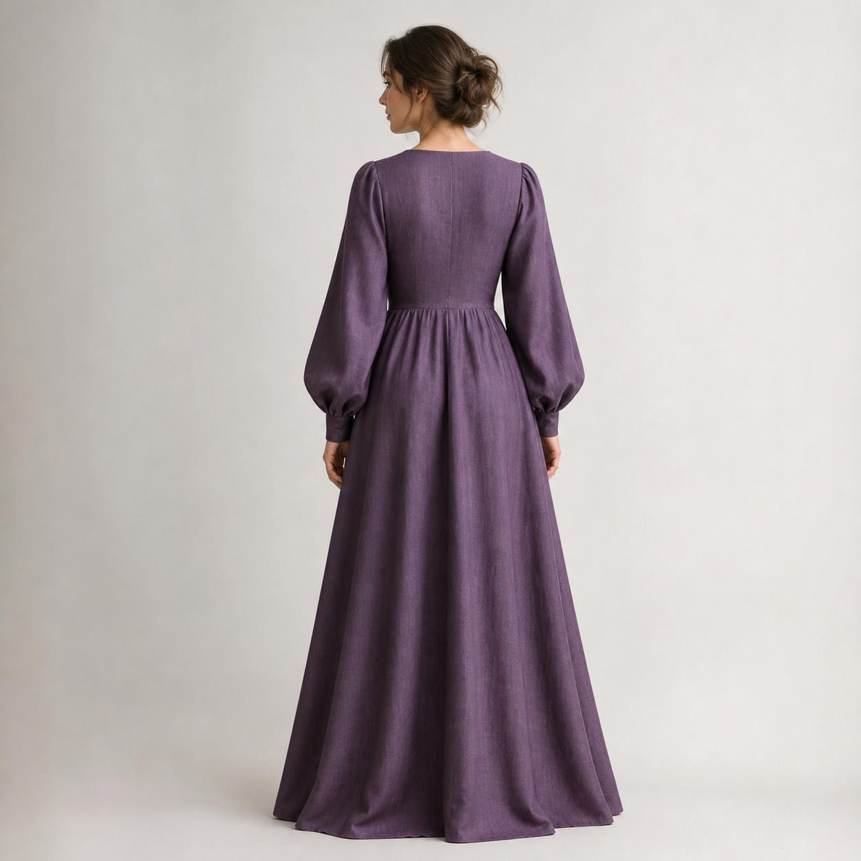 Elegantes Maxikleid mit tiefem V-Ausschnitt und Bischofsärmeln – Ansicht 2