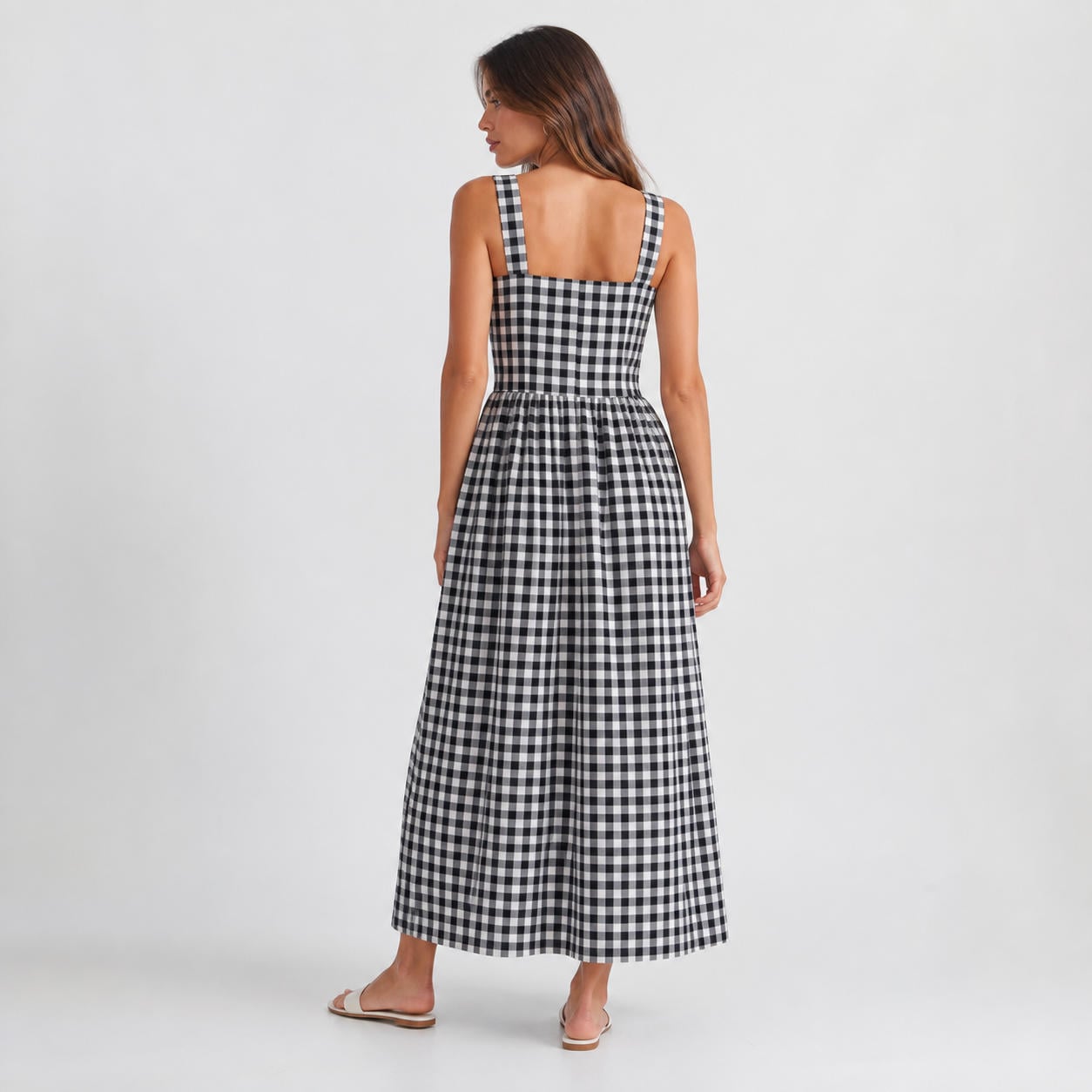Maxikleid aus kariertem Leinen mit gekräuselter Taille und Trägern – Ansicht 2