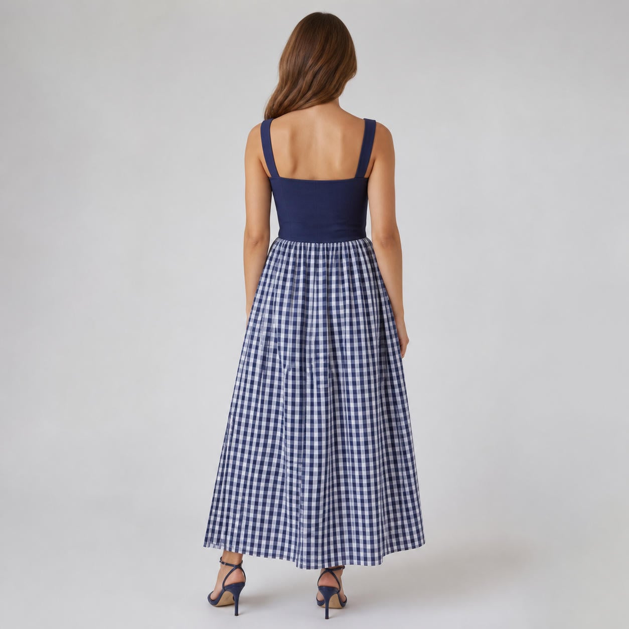 Midikleid aus kariertem Leinen mit eckigem Ausschnitt – Ansicht 2