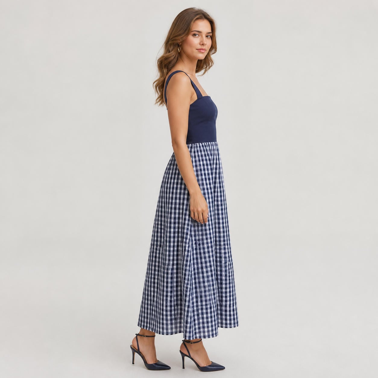 Midikleid aus kariertem Leinen mit eckigem Ausschnitt – Ansicht 3