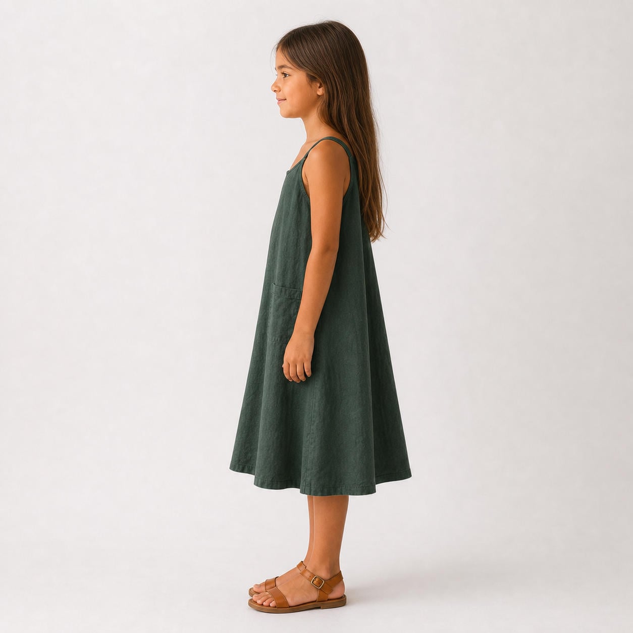 Grünes Leinen-Trapez-Trägerkleid für Mädchen – Ansicht 3