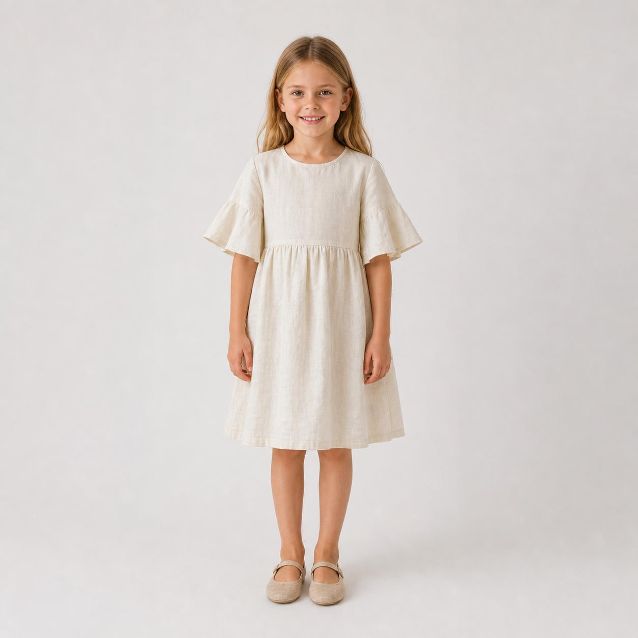 Leinenkleid für Mädchen mit Glockenärmeln und Empire-Taille