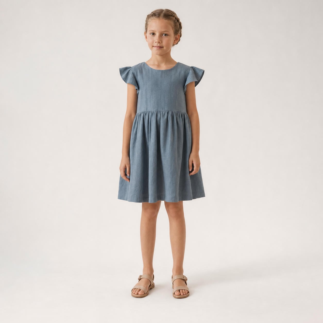 Leinen-Sommerkleid für Mädchen mit Flatterärmeln