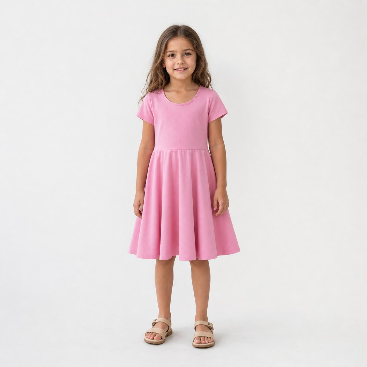 Rosa Skater-Kleid für Mädchen mit kurzen Ärmeln und Reißverschluss im Rücken