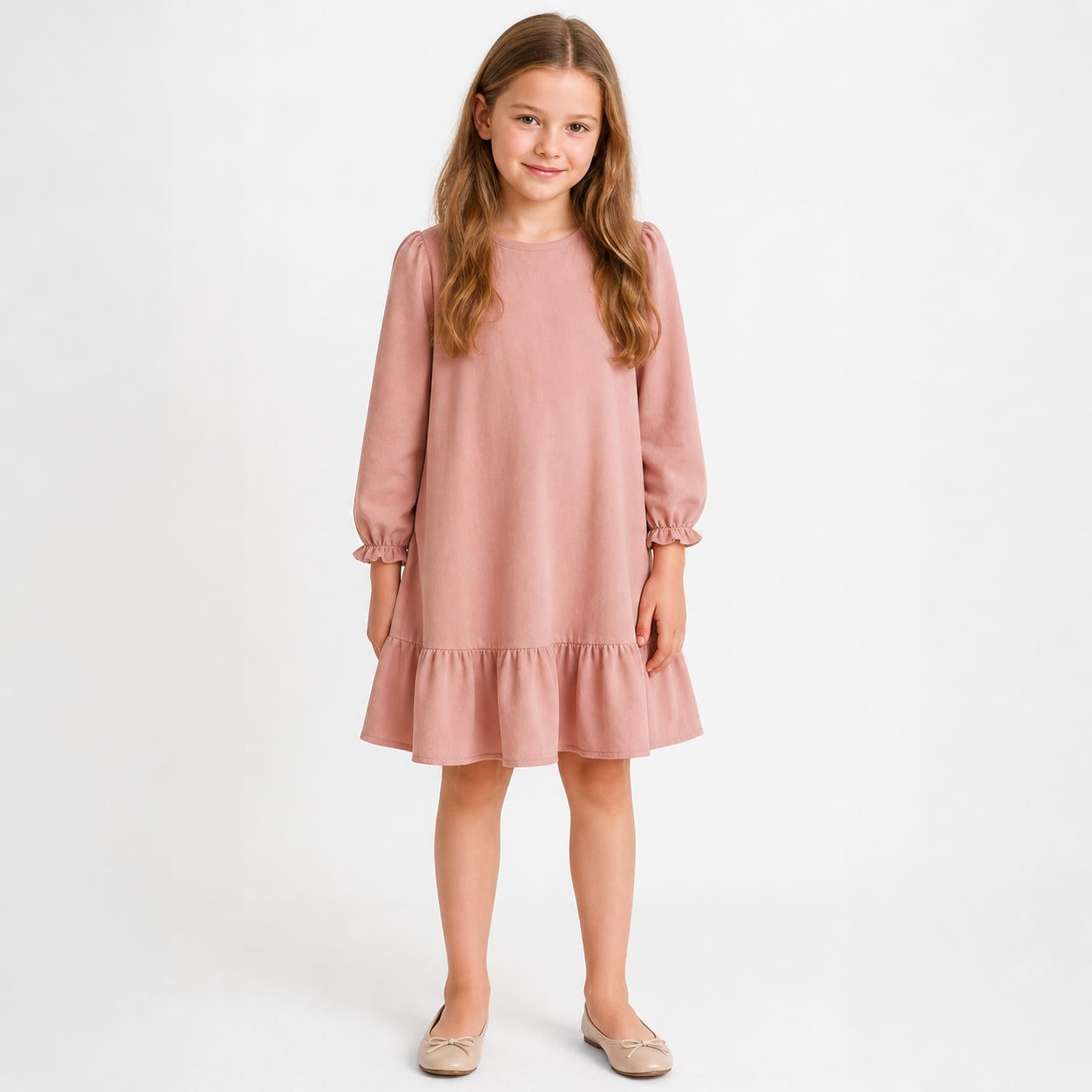 Rüschenkleid für Mädchen mit gepufften Bischofsärmeln (2–10 Jahre)