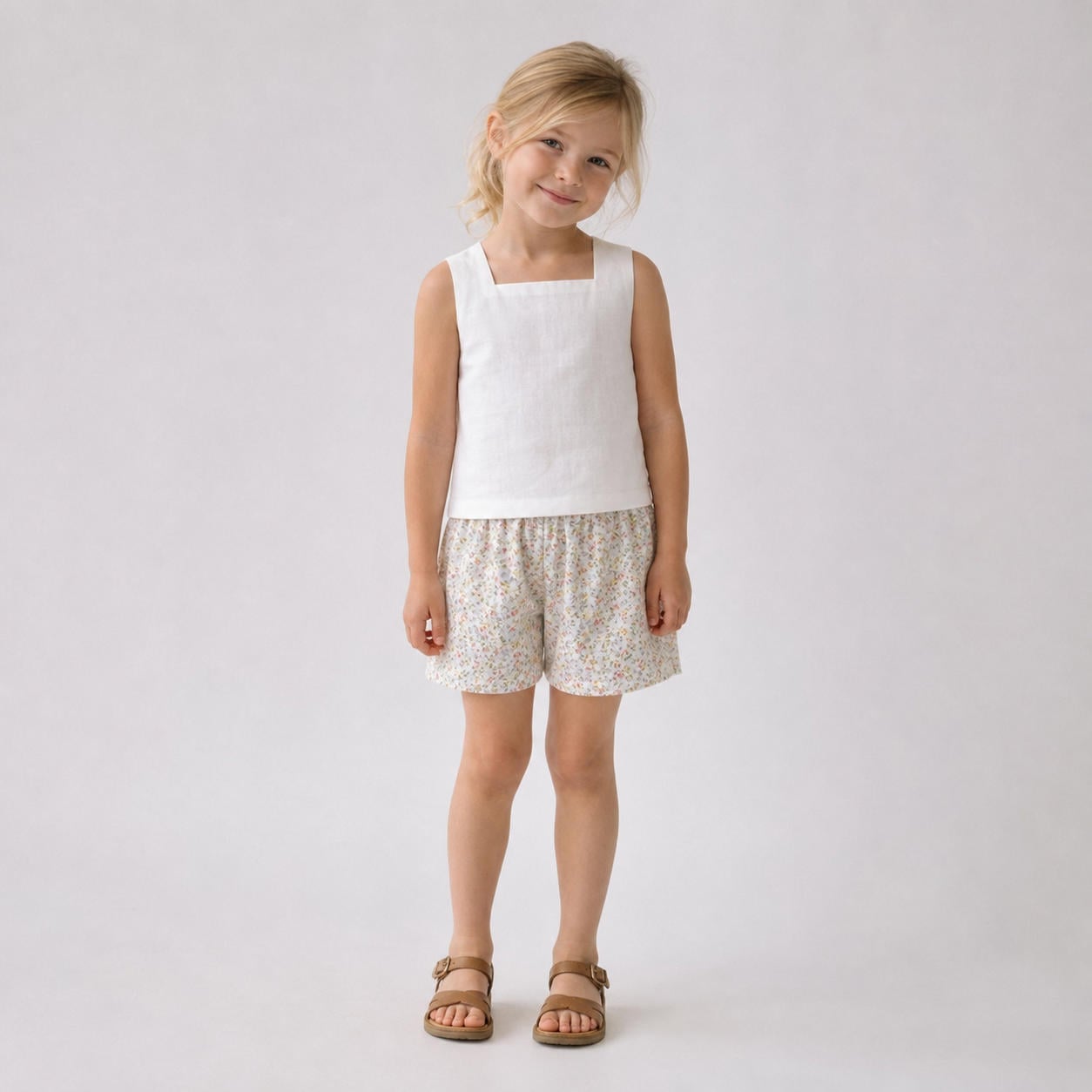 Mädchen-Sommerset aus Leinentop mit eckigem Ausschnitt und Shorts