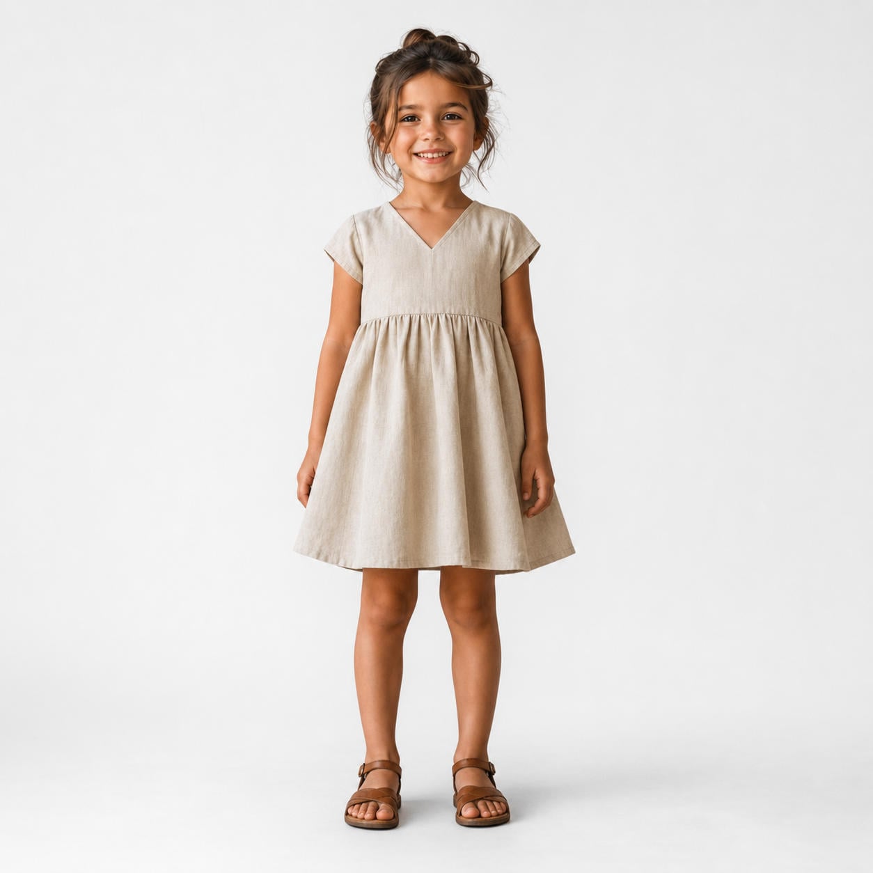Leinenkleid für Mädchen mit V-Ausschnitt und Empire-Taille