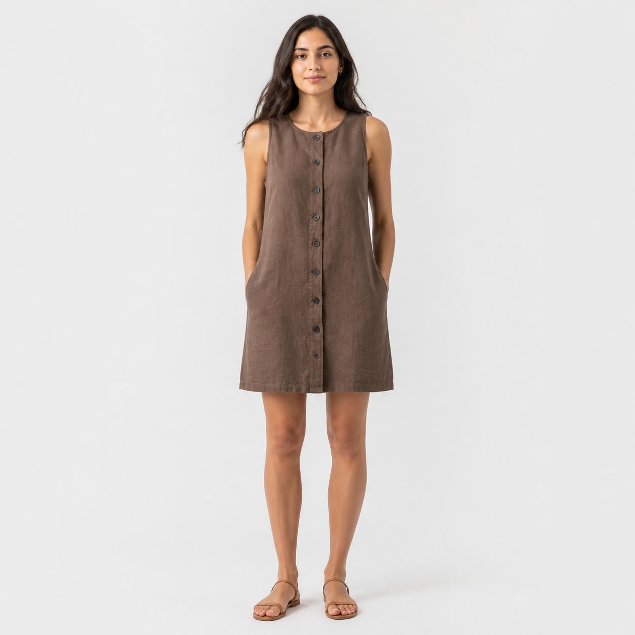 Leinen-Minikleid mit Knopfleiste und Taschen
