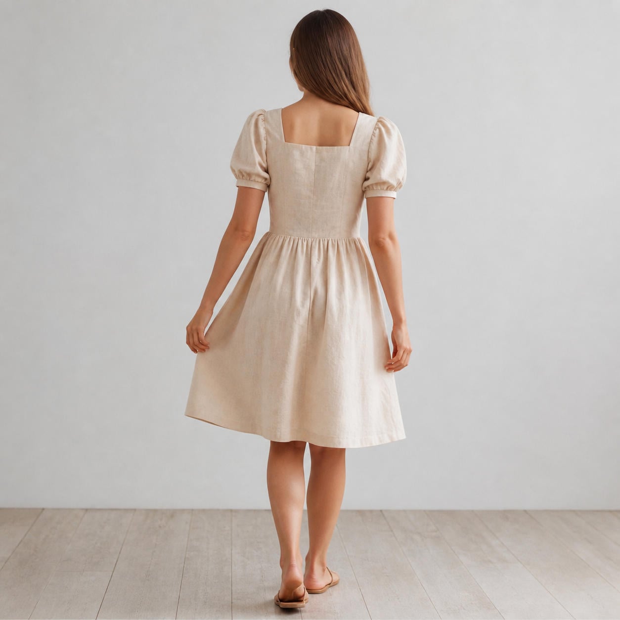 Cottagecore-Midikleid aus Leinen mit eckigem Ausschnitt und Puffärmeln – Ansicht 2