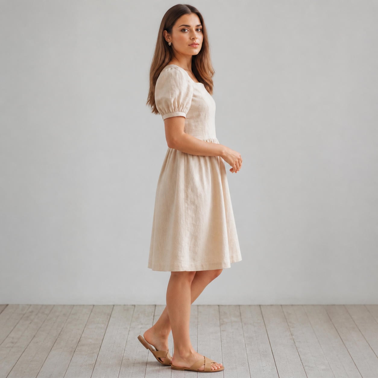 Cottagecore-Midikleid aus Leinen mit eckigem Ausschnitt und Puffärmeln – Ansicht 3