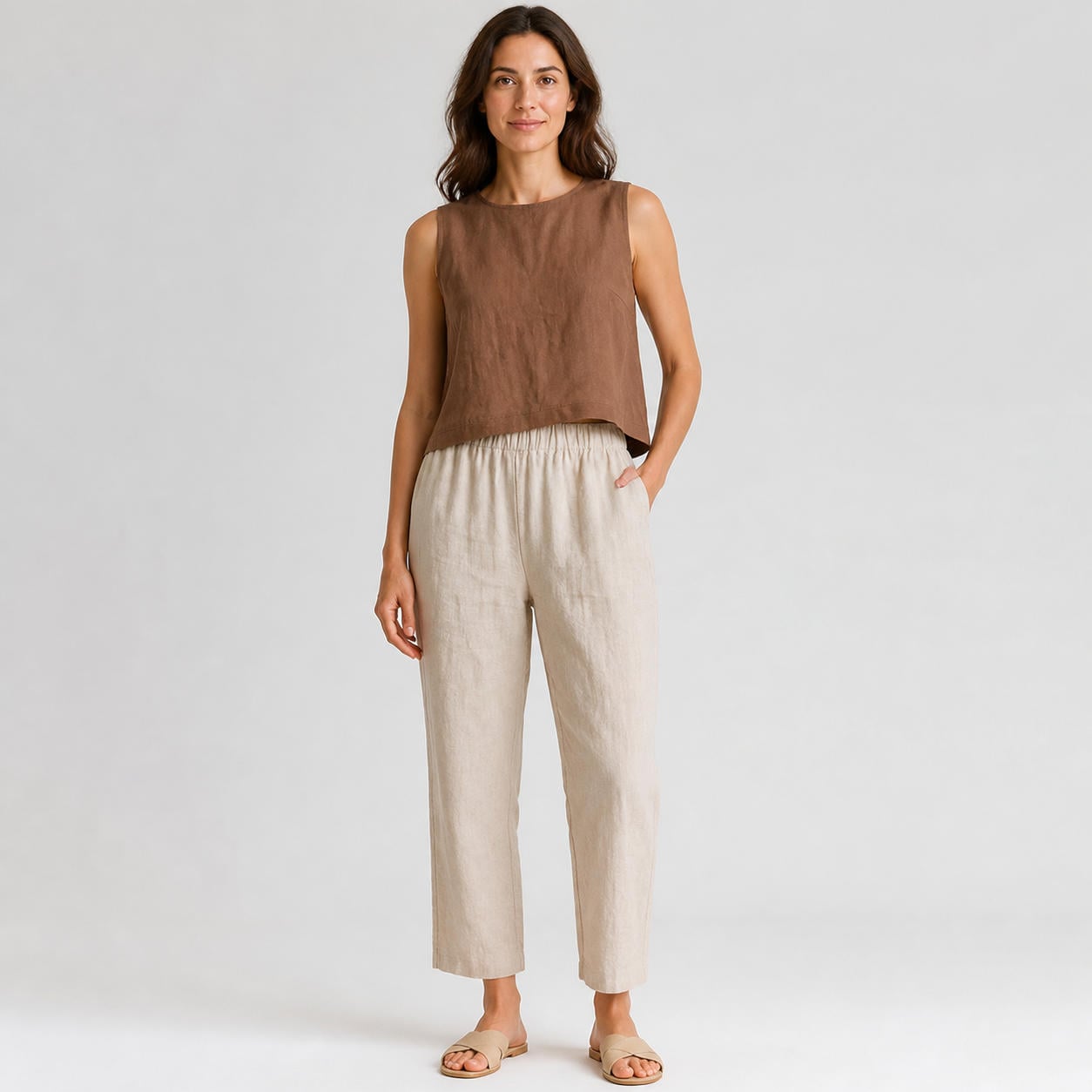 Verkürzte Leinenhose mit Gummibund