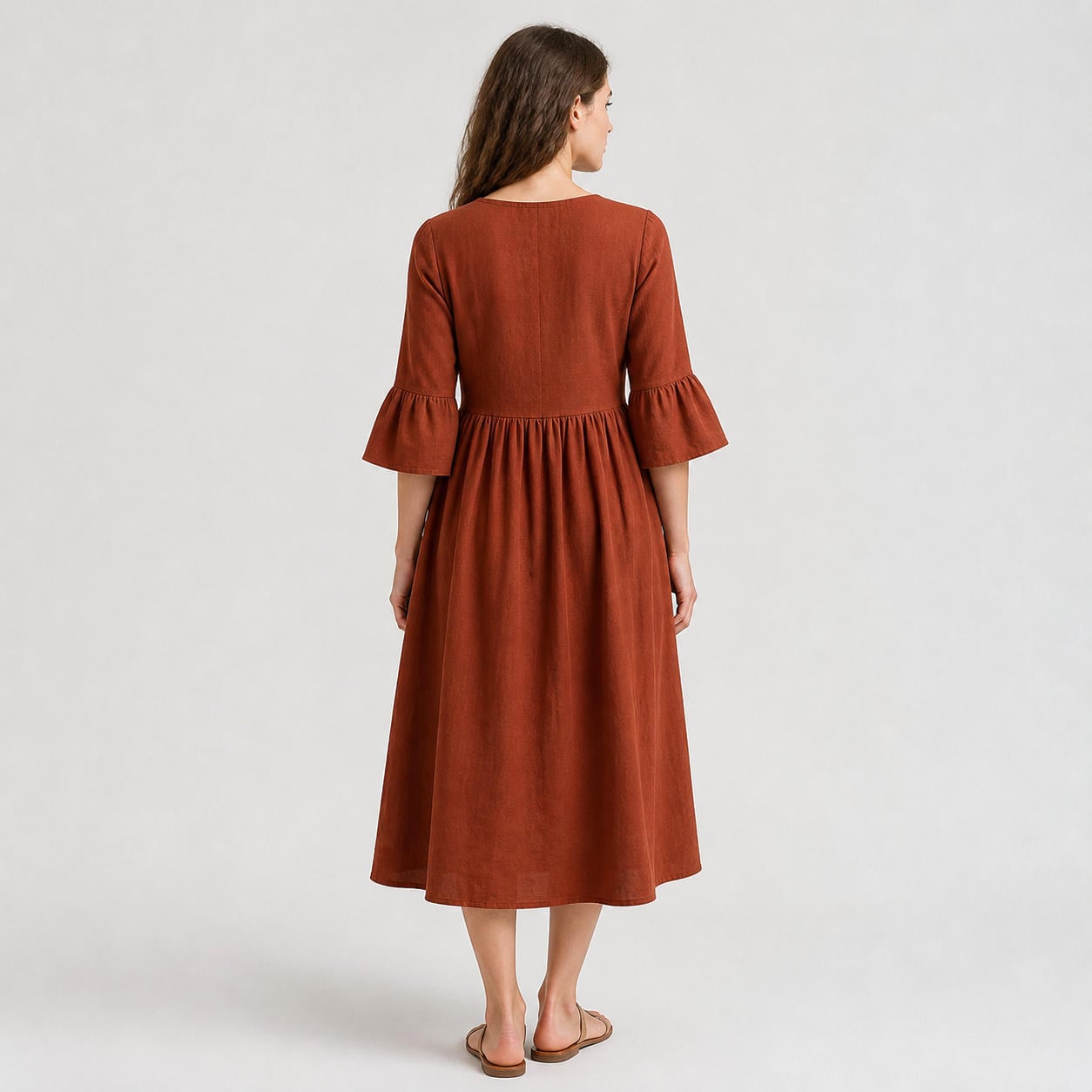 Leinen-Maxikleid mit ausgestellten Ärmeln im Boho- und Cottagecore-Stil – Ansicht 2
