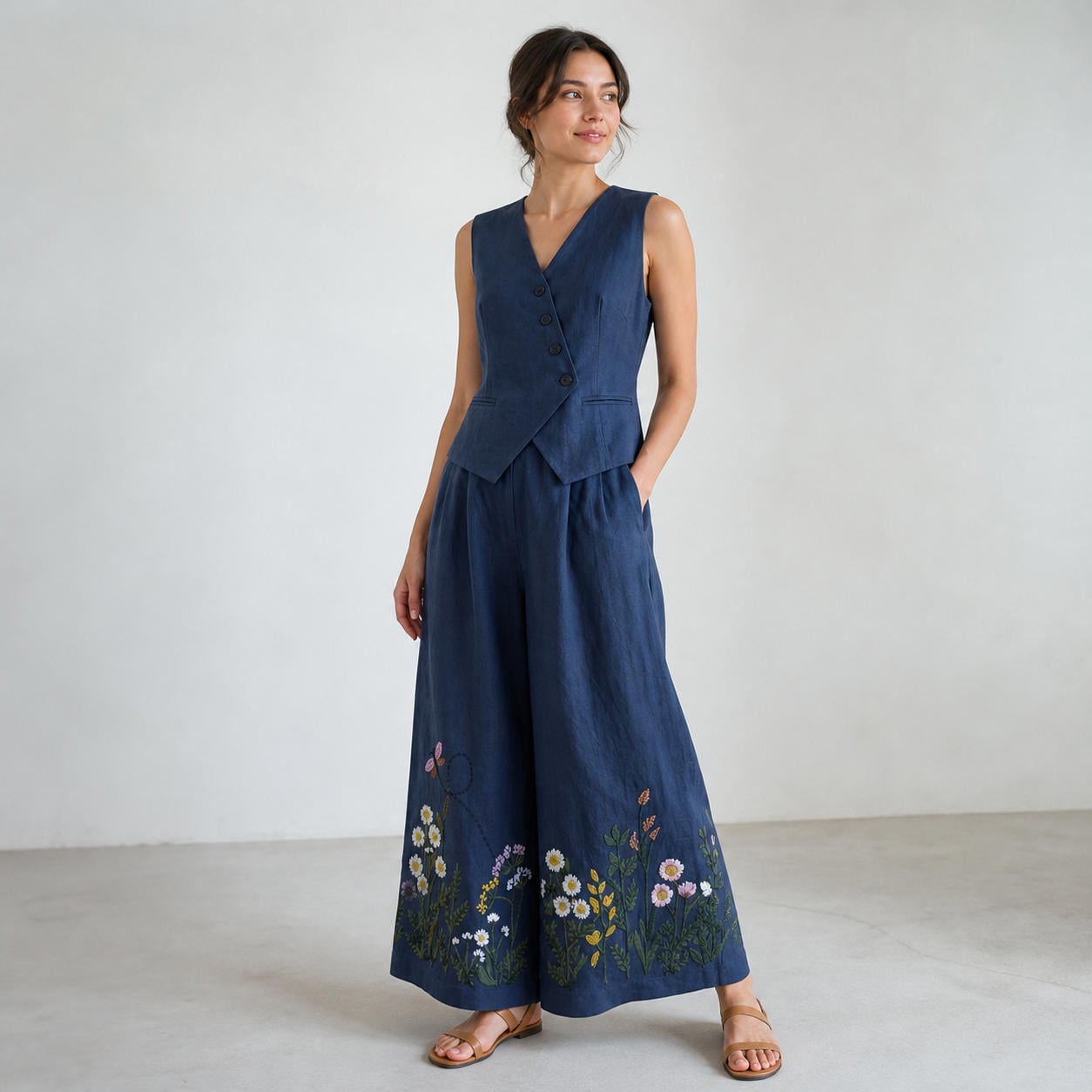 Leinen-Anzugset aus asymmetrischer Weste und weiter Palazzohose – Ansicht 3
