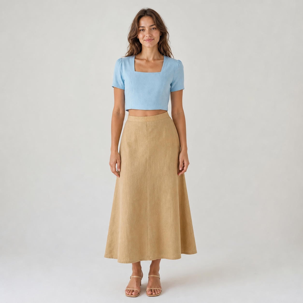 Zweiteiliges Leinen-Set aus Crop-Top mit eckigem Ausschnitt und Rock in A-Linie