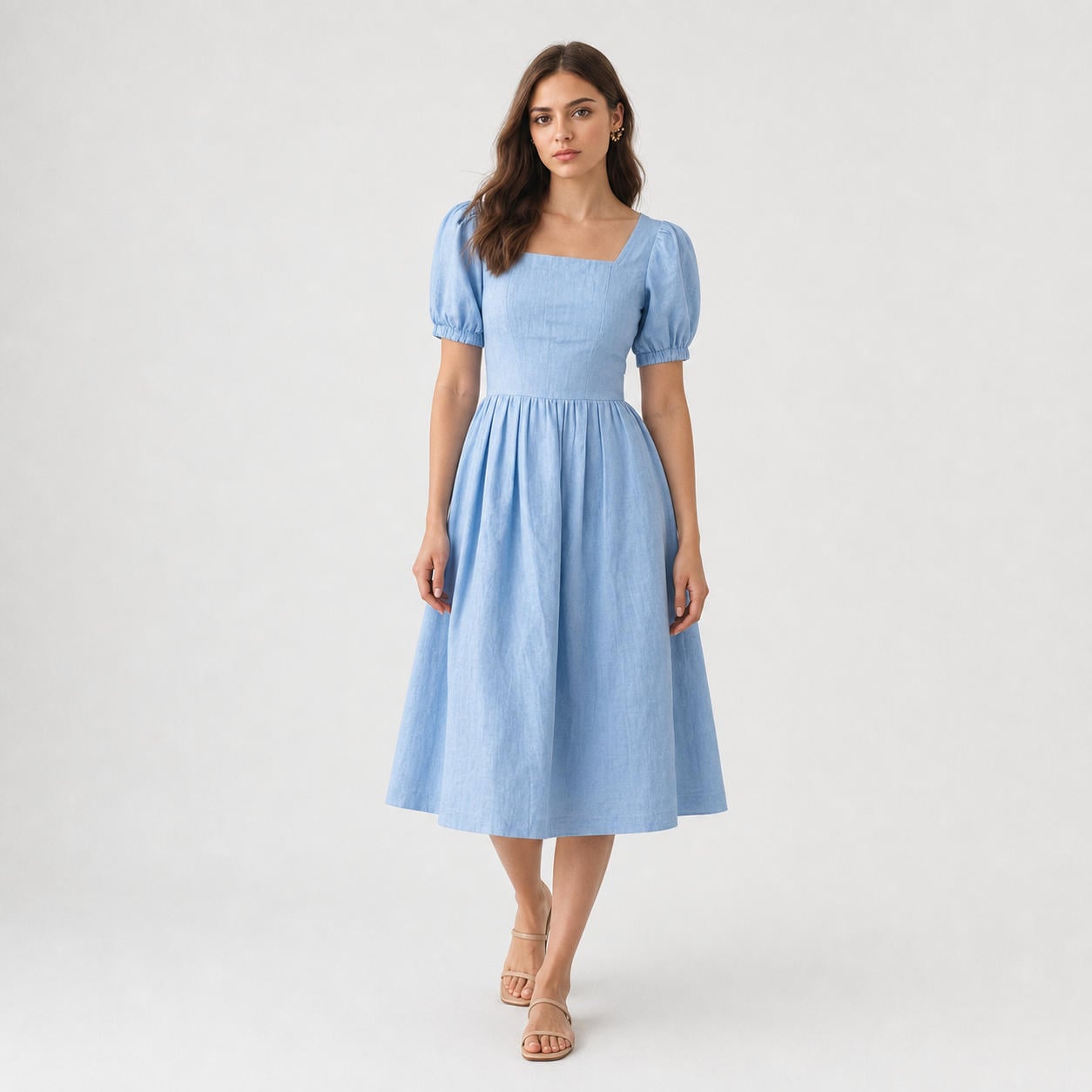 Leinenkleid mit V-Ausschnitt und langen Bischofsärmeln