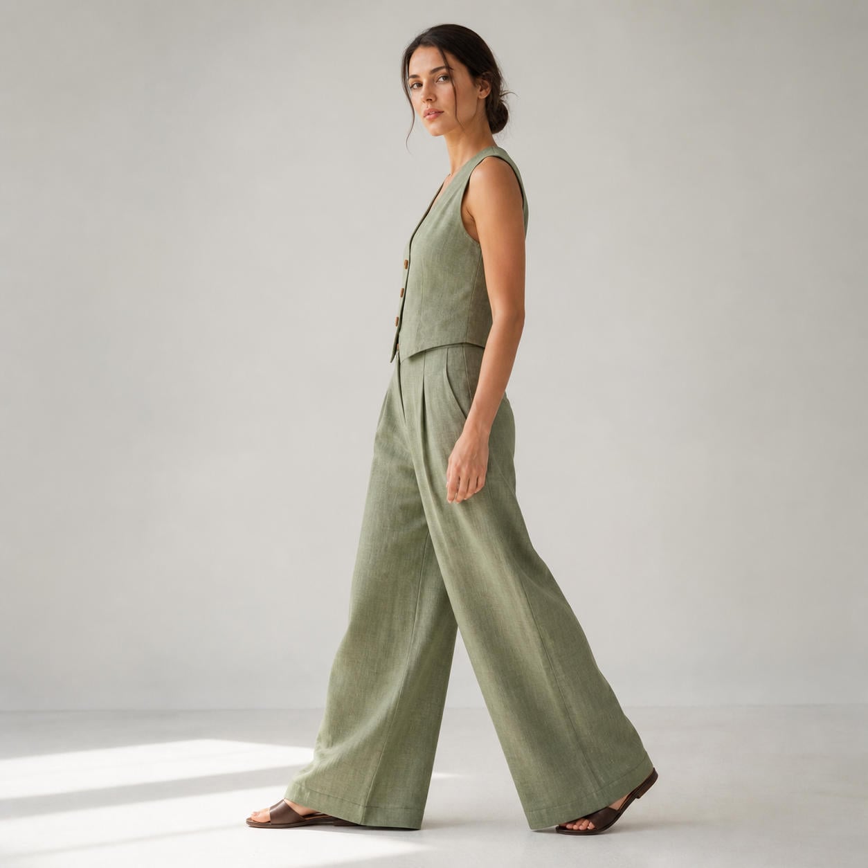 Minimalistisches Leinen-Set aus Weste mit V-Ausschnitt und Palazzohose – Ansicht 3