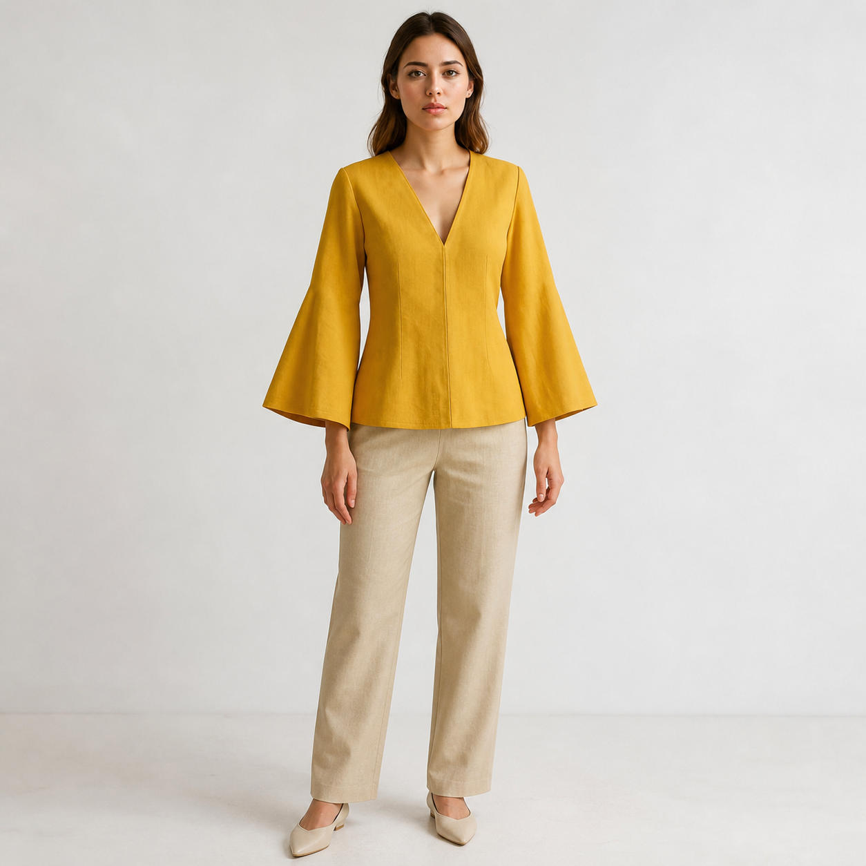V-Neck Linen Blouse with Bell Sleeves