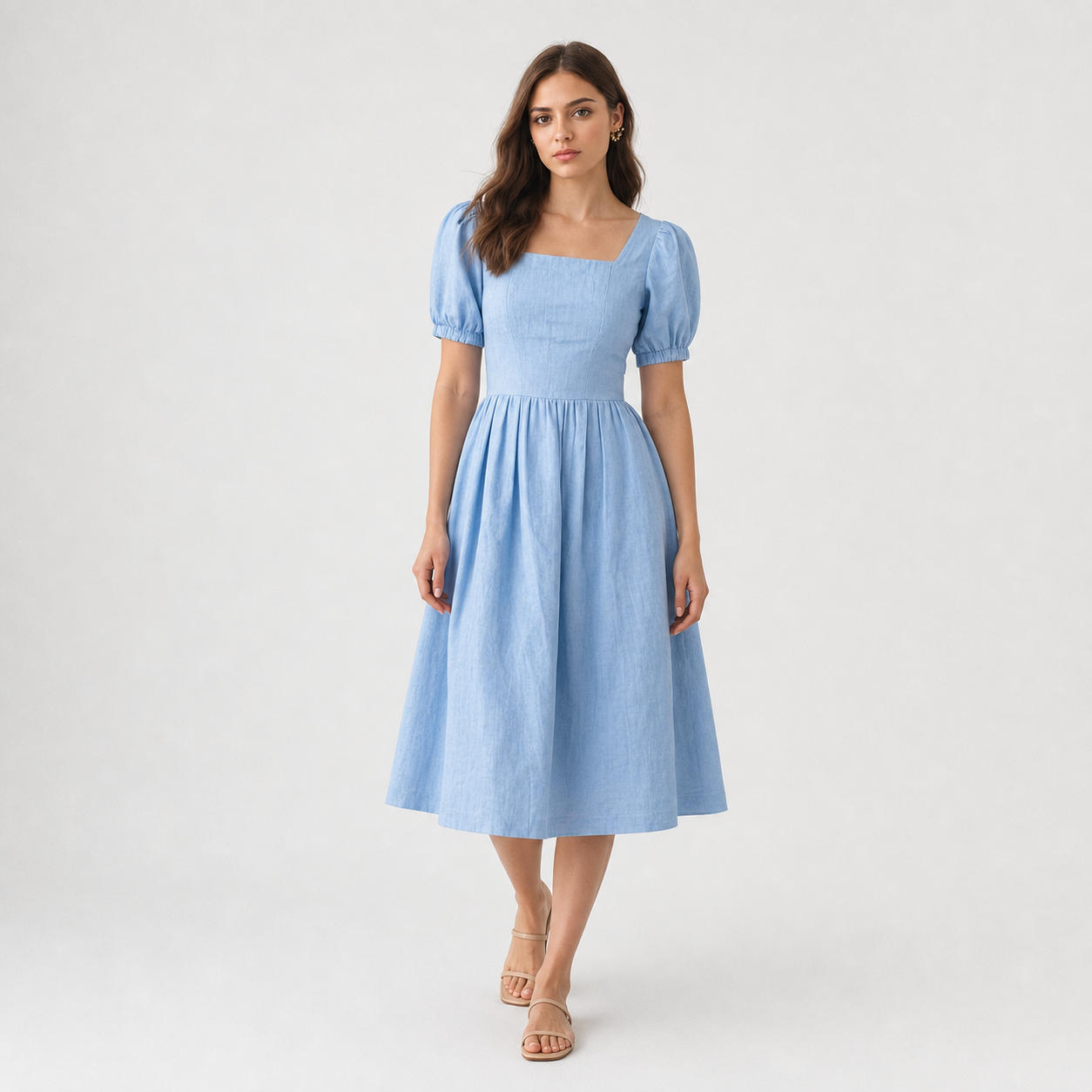 Linen V-Neck Dress with Long Bishop Sleeves