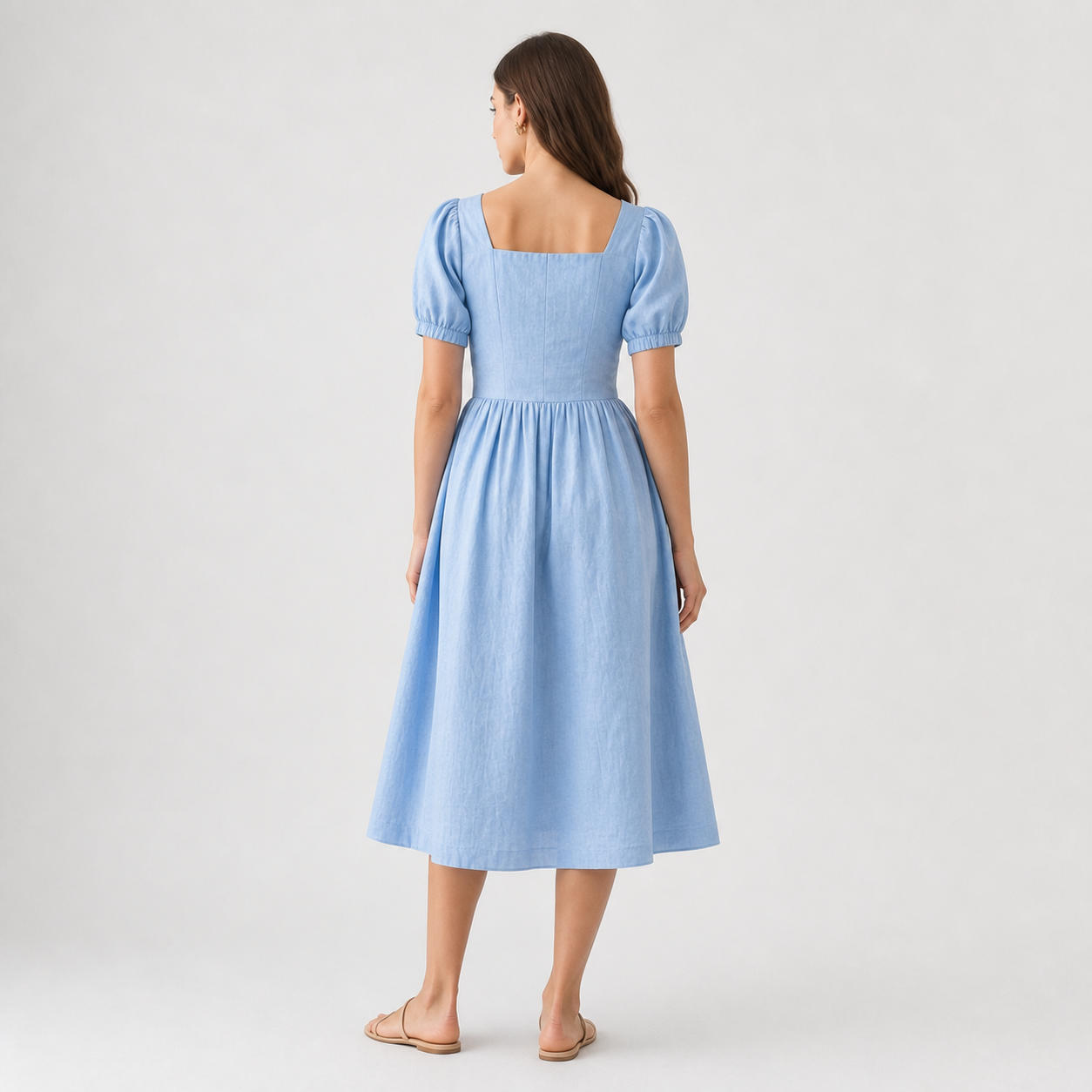Linen V-Neck Dress with Long Bishop Sleeves – view 2