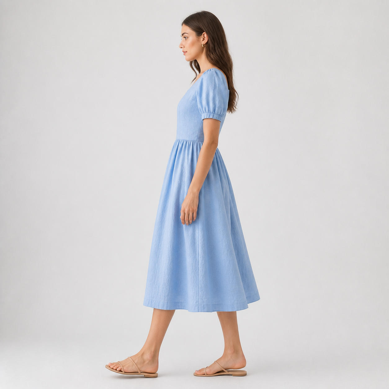 Linen V-Neck Dress with Long Bishop Sleeves – view 3