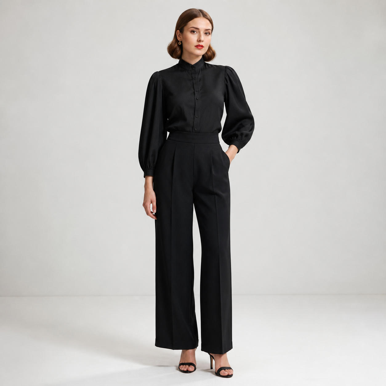 Black Linen Blouse with Puff Sleeves