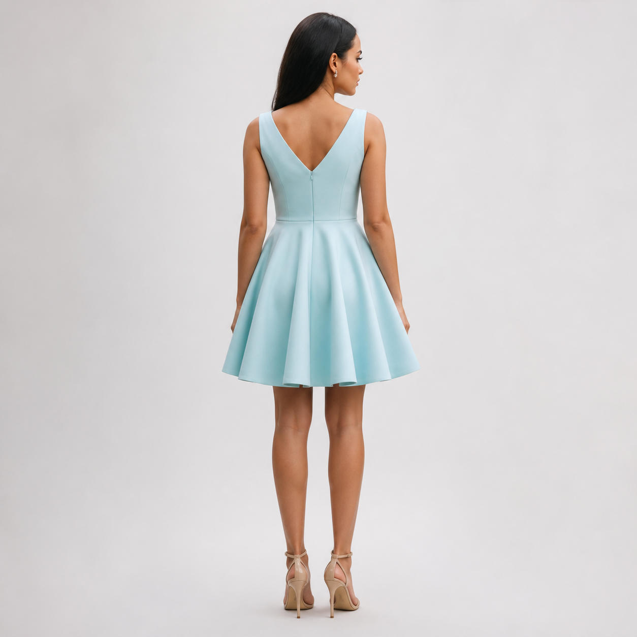 Light Blue Fit and Flare V-Neck Cocktail Party Dress – view 2