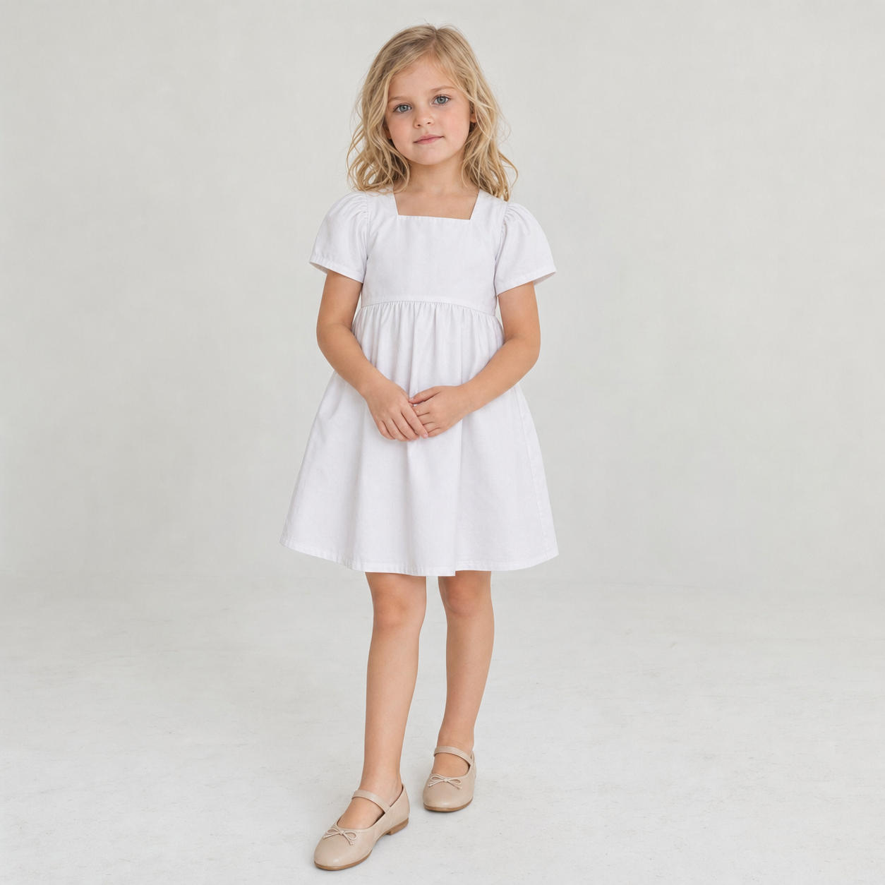 Girls' White Cotton Puff Sleeve Dress with Square Neck