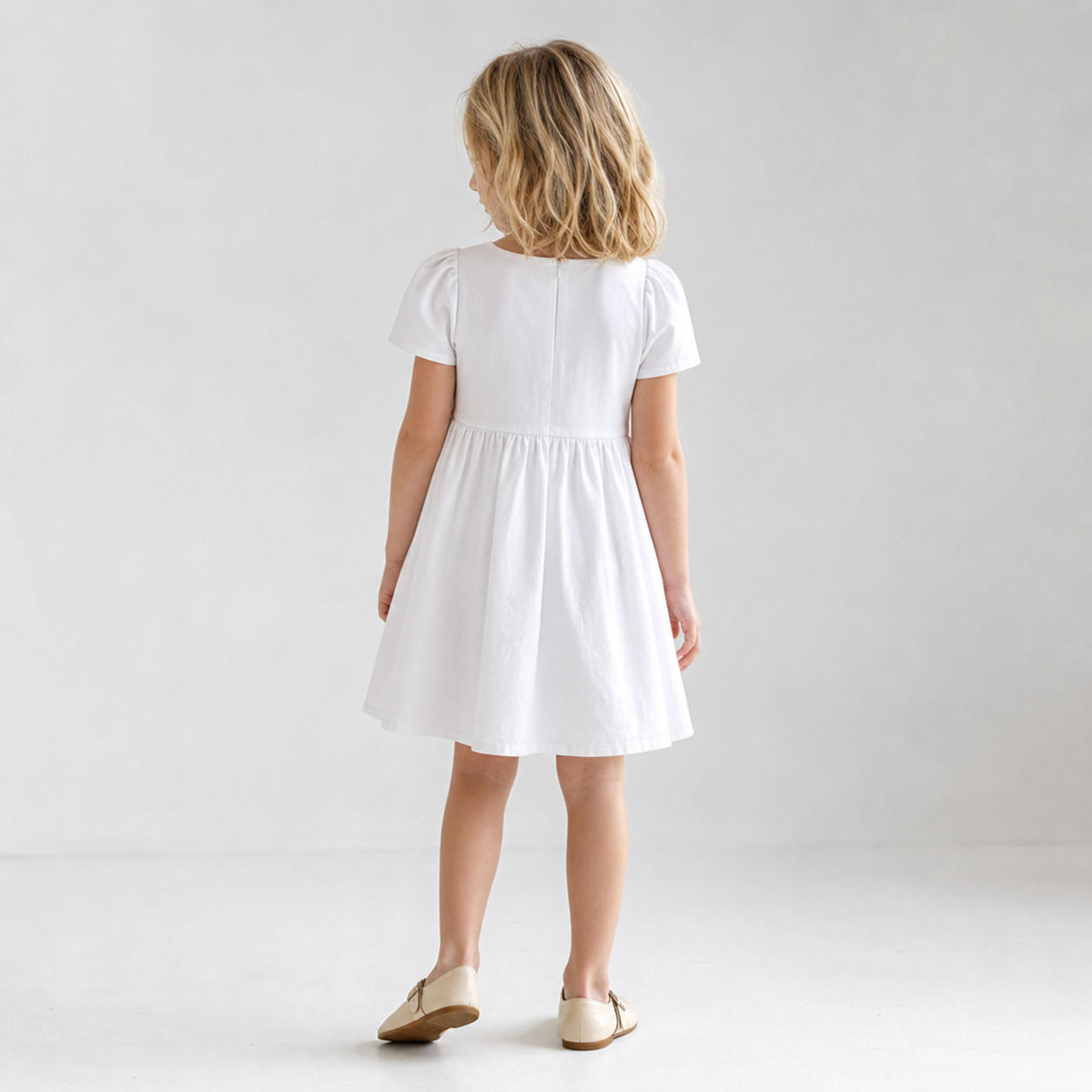 Girls' White Cotton Puff Sleeve Dress with Square Neck – view 2