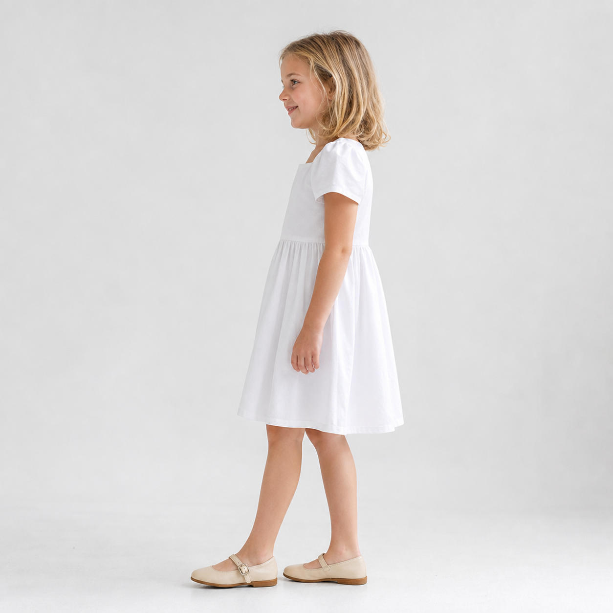 Girls' White Cotton Puff Sleeve Dress with Square Neck – view 3
