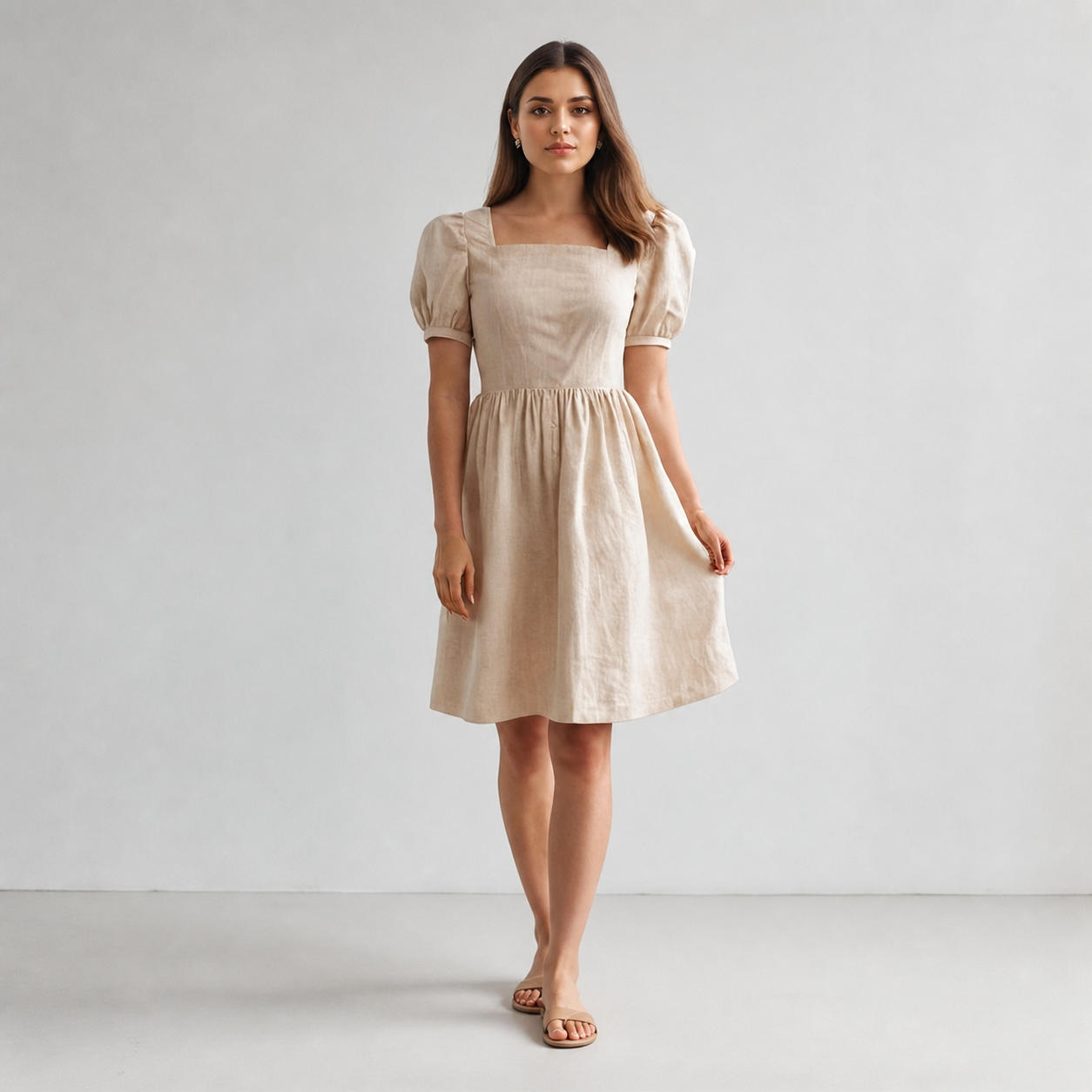 Linen Cottagecore Midi Dress with Square Neck and Puff Sleeves