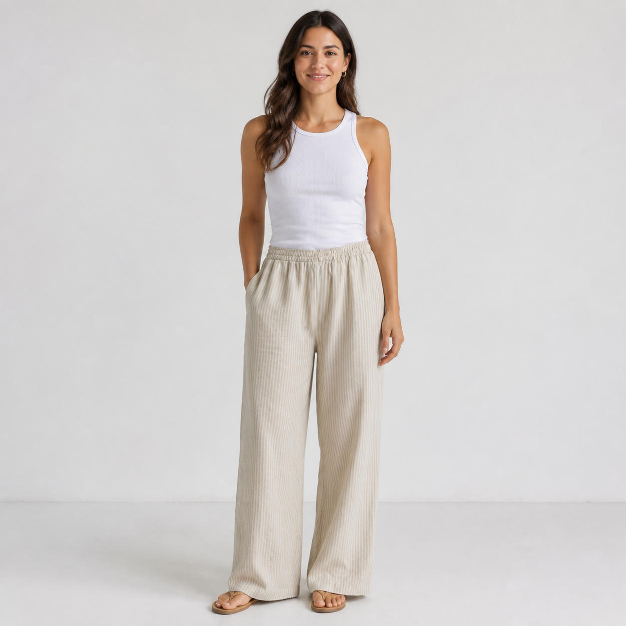 Relaxed Linen Pants with Elastic Waistband and Pockets