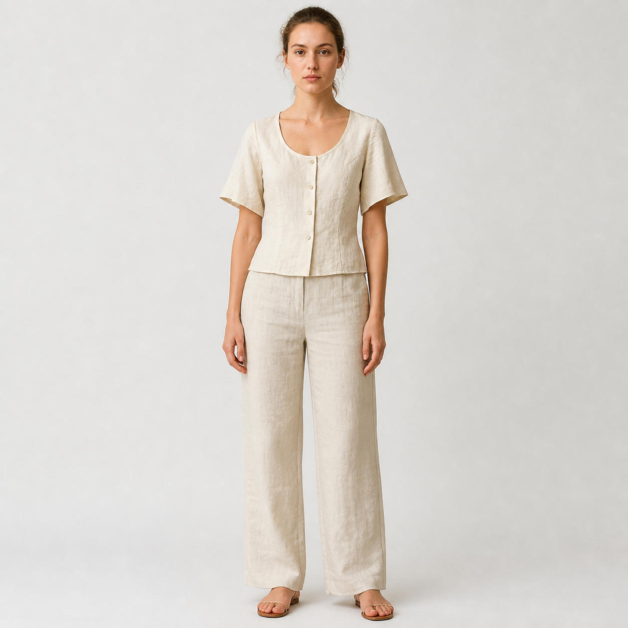 Linen Top with Flared Short Bell Sleeves