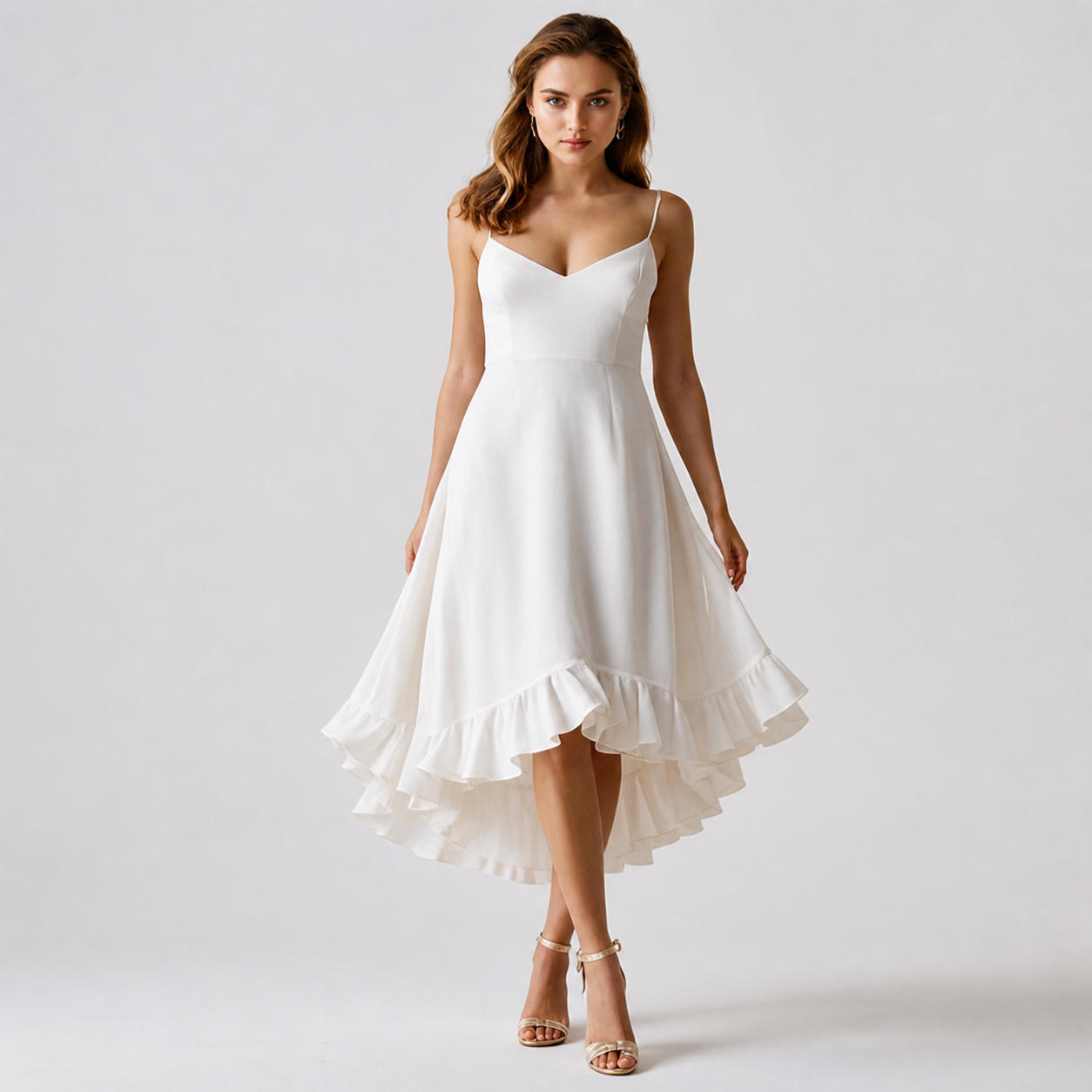 Flounce Hem Summer Midi Dress with Spaghetti Straps