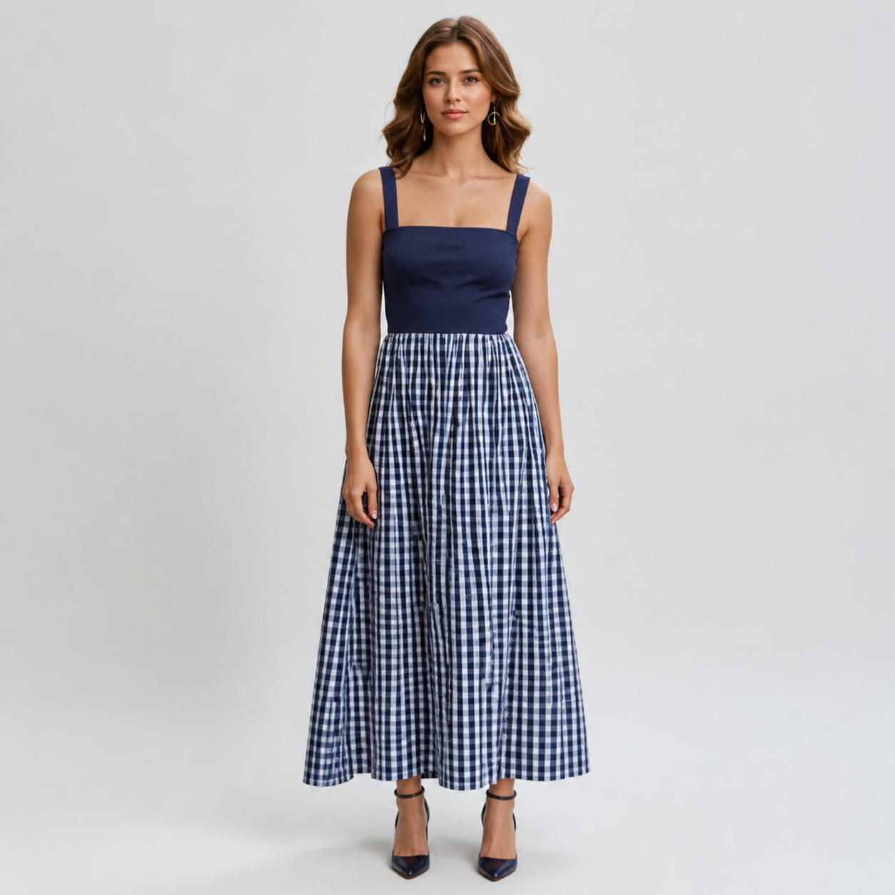 Gingham Linen Square Neck Midi Dress