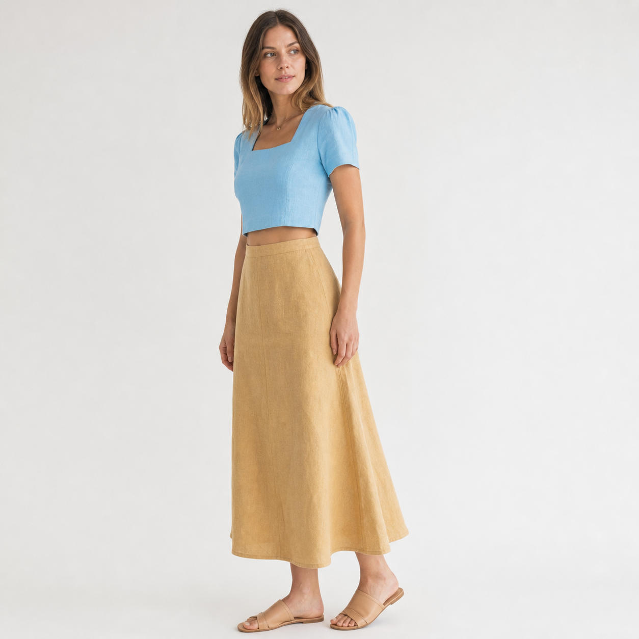 Linen Two-Piece Set Square Neck Crop Top and A-Line Skirt – view 3