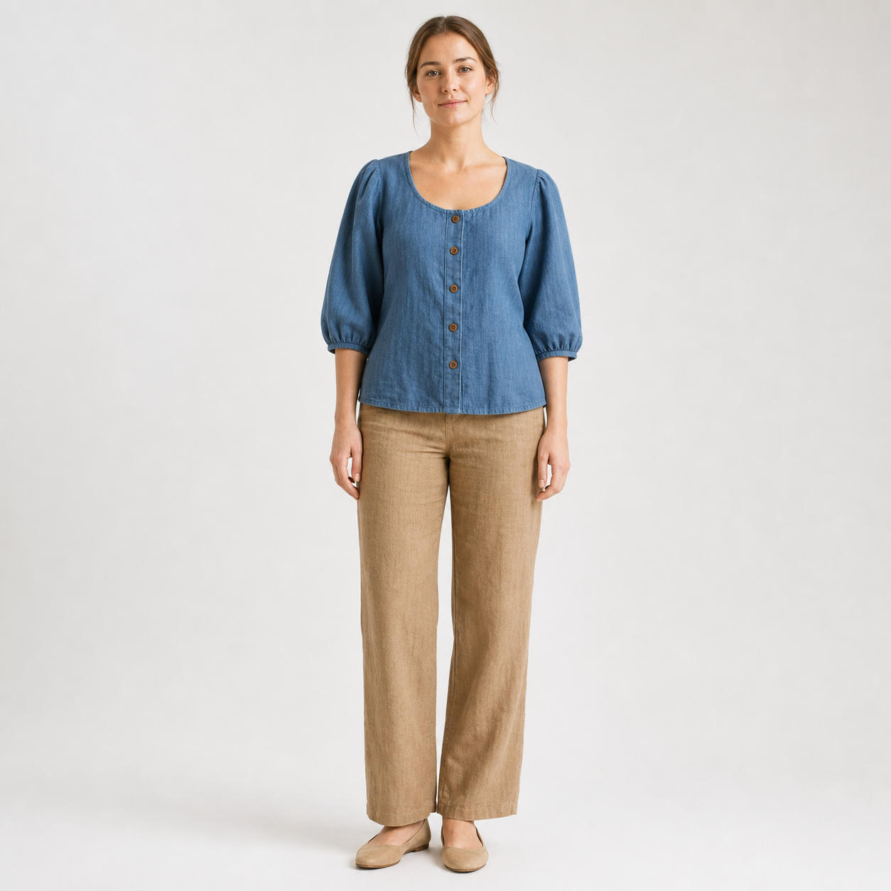 Linen Blouse with Bishop Sleeves and Back Buttons