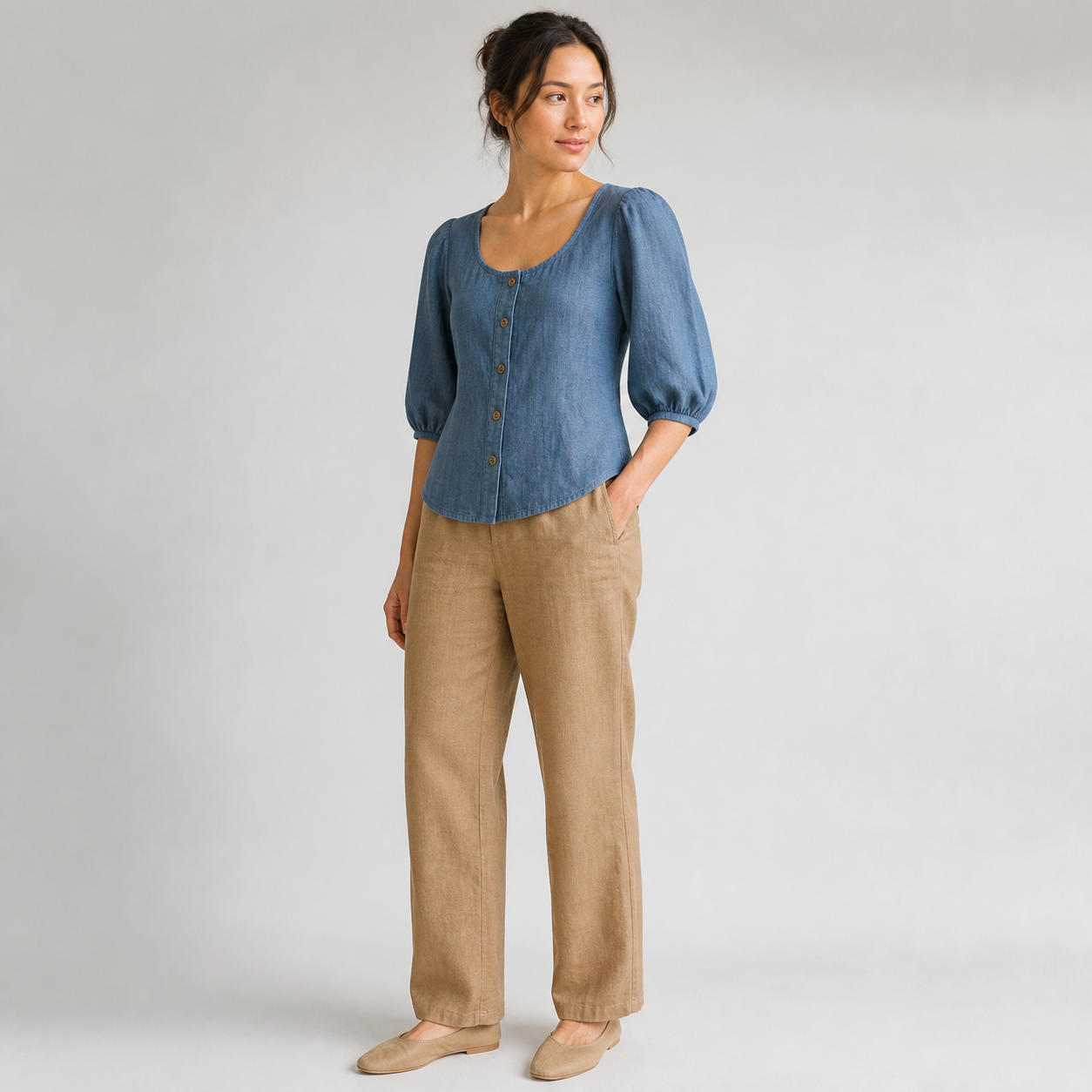 Linen Blouse with Bishop Sleeves and Back Buttons – view 3