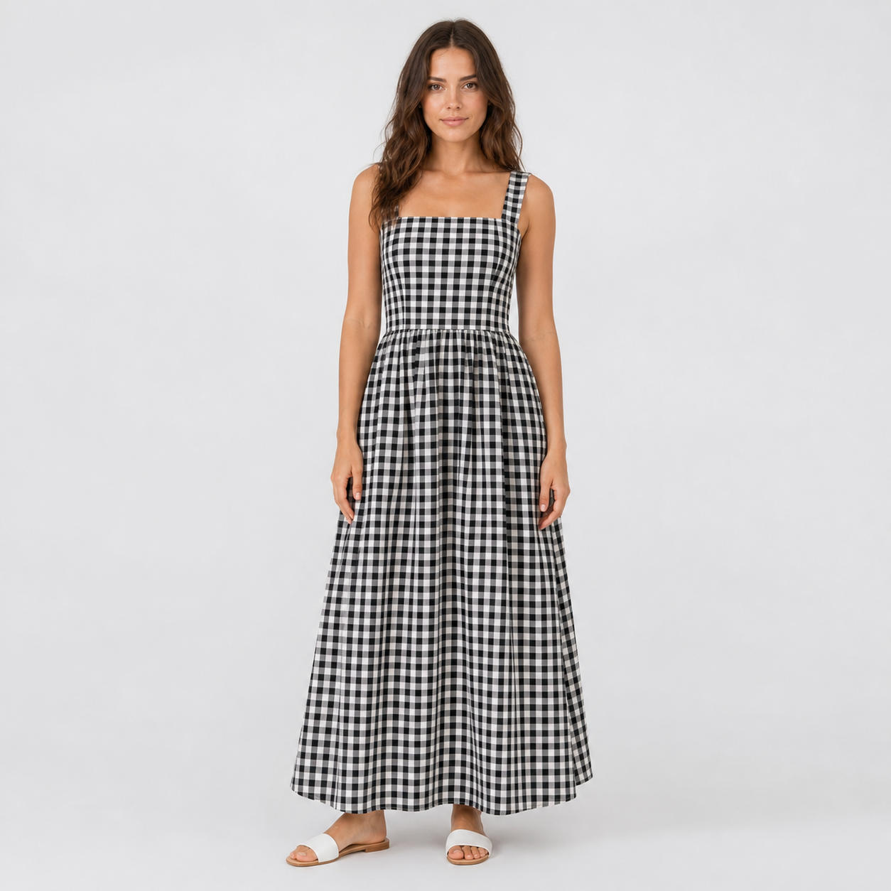Gingham Linen Maxi Dress with Gathered Waist and Straps