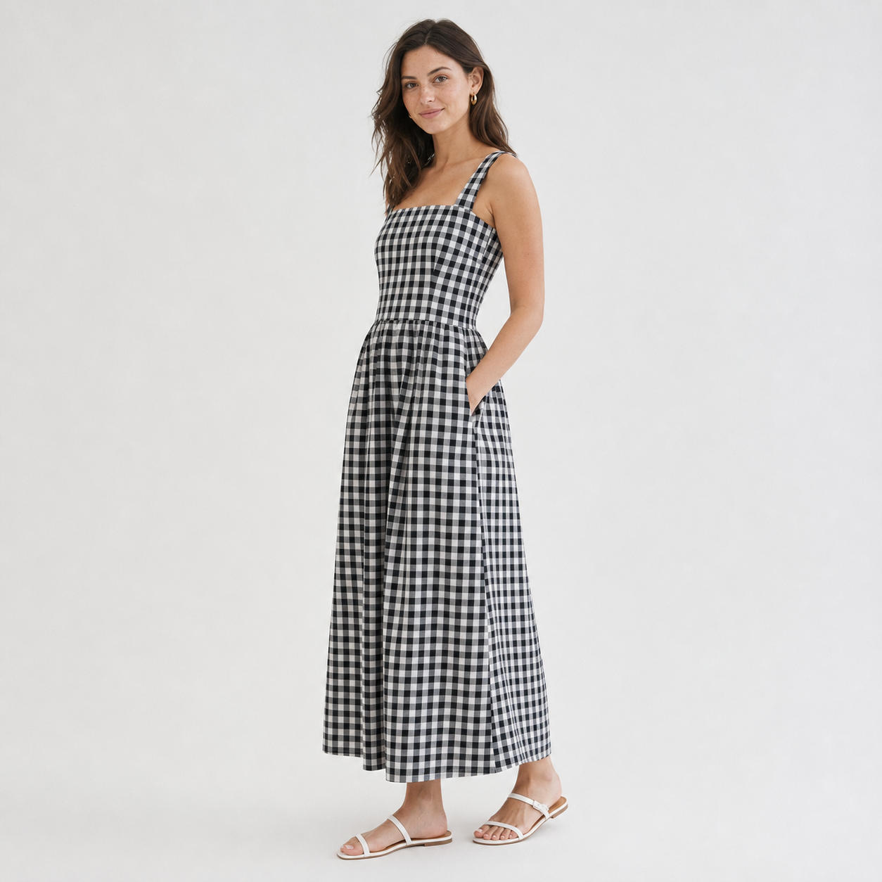 Gingham Linen Maxi Dress with Gathered Waist and Straps – view 3