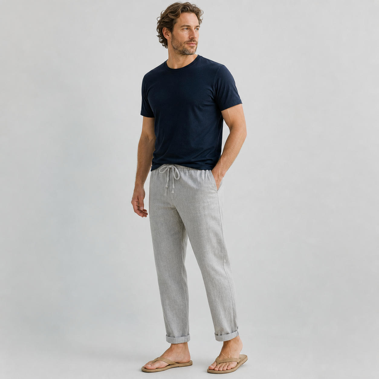 Men's Relaxed Fit Linen Pants with Elastic Waist – view 3