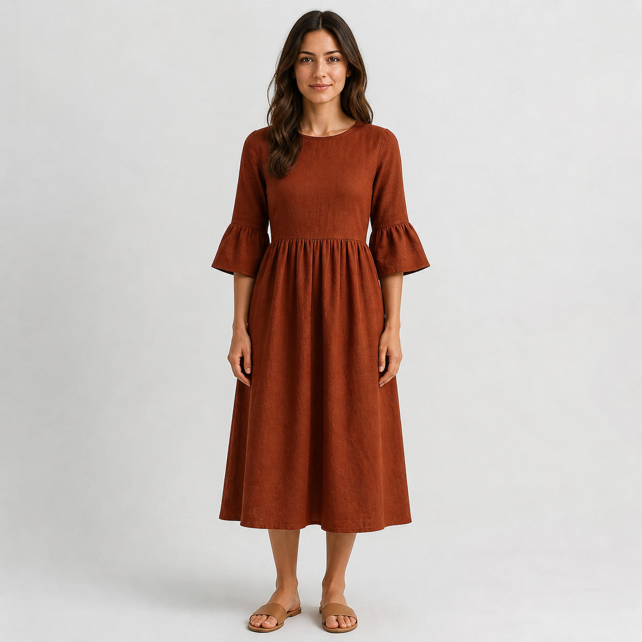 Linen Maxi Dress with Flared Sleeves Boho Cottagecore