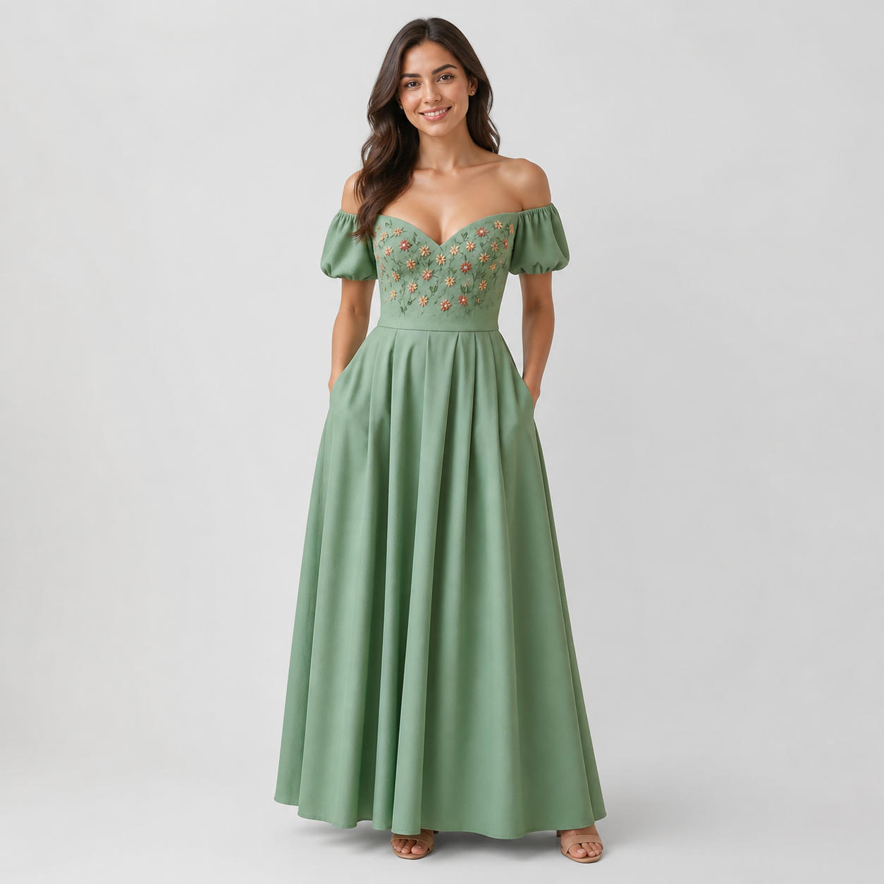 Off-Shoulder Gown Dress with Bishop Sleeves and Pockets