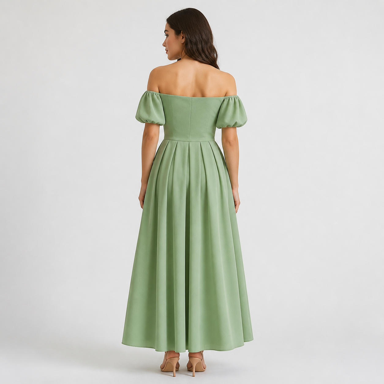 Off-Shoulder Gown Dress with Bishop Sleeves and Pockets – view 2