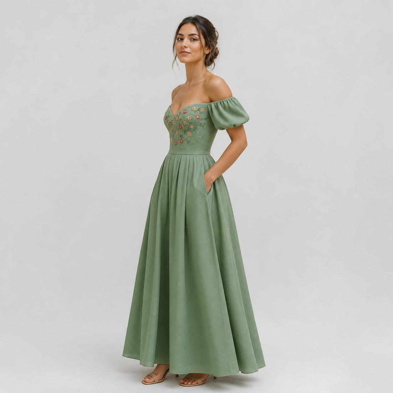 Off-Shoulder Gown Dress with Bishop Sleeves and Pockets – view 3
