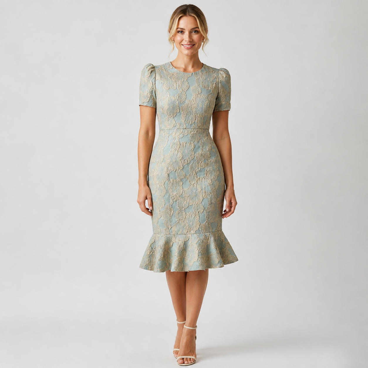 Puff Sleeve Peplum Waist Evening Dress