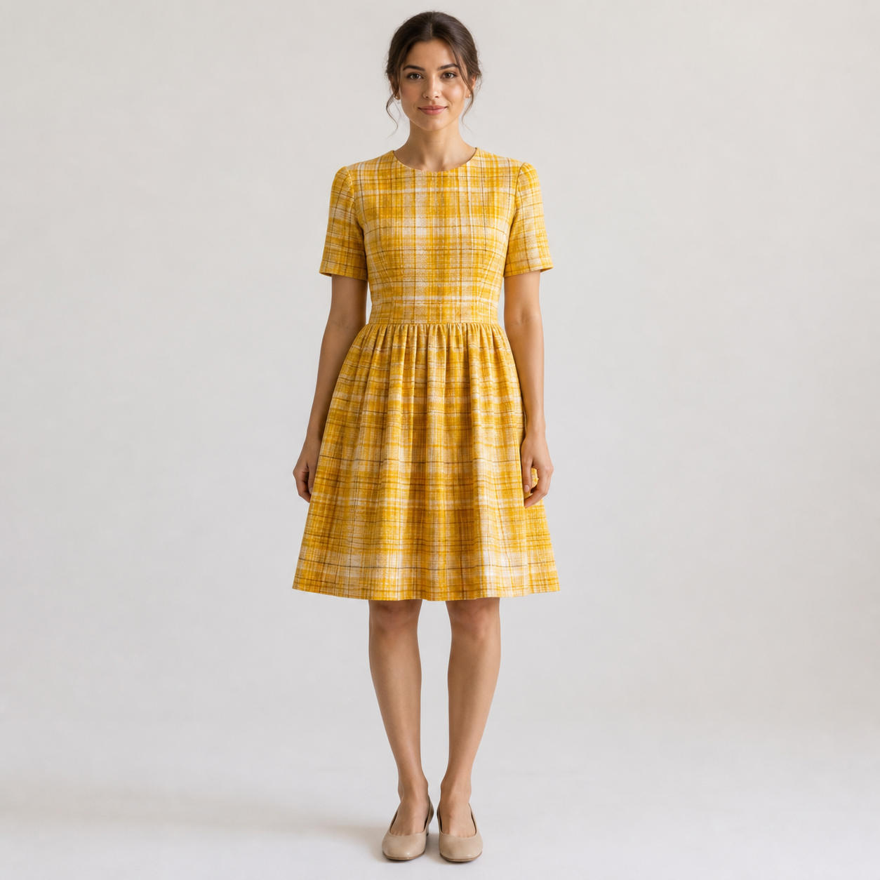 Vintage Style Plaid Linen Dress with Short Sleeves