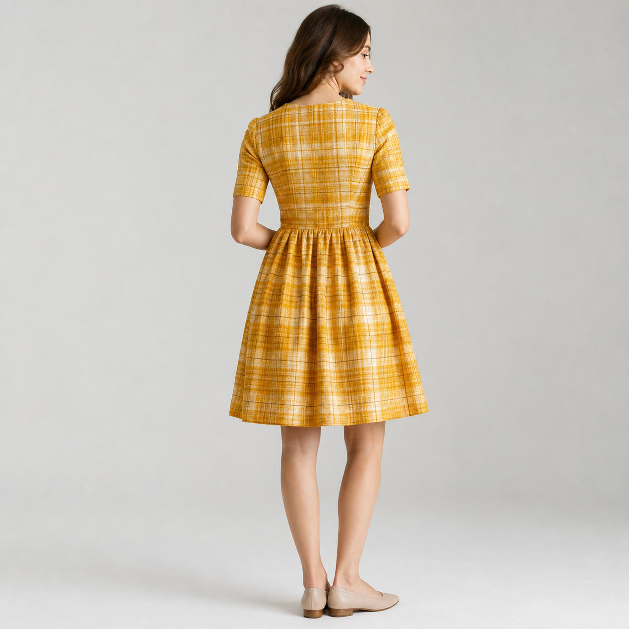 Vintage Style Plaid Linen Dress with Short Sleeves – view 2