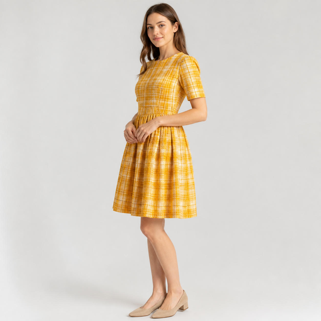 Vintage Style Plaid Linen Dress with Short Sleeves – view 3